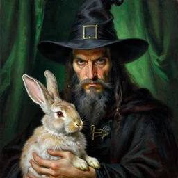 a close - up portrait painting of a wizard magician holding a rabbit. green curtains in a gloomy dark background. highly detailed science - fiction painting by norman rockwell, moebius, frank frazetta, and syd mead. rich colors, high contrast. artstation