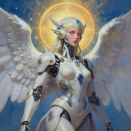 Shoulder level close up portrait of a humanoid Soul style seraphim angel from a neo solar punk future future metaverse  sculpted minimal technology tech cyborg tech, techno angelic warrior by Mandy Jurgens, cartoon, oil painting , visionary art,  Heavenly symbols, holy halo, astral patterns, Rembrandt lighting  sci-fi