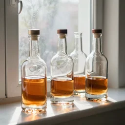 sunlight shining through bourbon decanters full of whiskey in a window, high contrast, film grain, dust motes in the air, 2 5 mm kodak portra