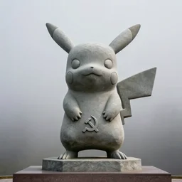 stone pikachu statue, soviet statue, foggy background