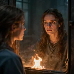 an ultra realistic, cinematic, fantasy, portrait, of a young woman, looking in mirror at older self, fire, dramatic, soft light, dreamy, facial features, stood in a cell, with prison clothing, detailed, deep focus, movie still, dramatic lighting, ray tracing, by michal karcz and yoshitaka