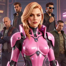 highly detailed upper body portrait christina hendricks wearing shiny metallic pink plastic armor cyberpunk in gta v, stephen bliss, unreal engine, fantasy art by greg rutkowski, loish, rhads, ferdinand knab, makoto shinkai and lois van baarle, ilya kuvshinov, rossdraws, tom bagshaw, global illumination, radiant light, detailed and intricate environment