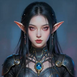 masterpiece symmetrical painted portrait of a beautiful elf in a cyberpunk style