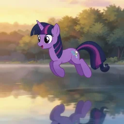 Twilight Sparkle from MLP flying over a lake, golden hour, mist, reflections, highly detailed, by Makoto Shinkai