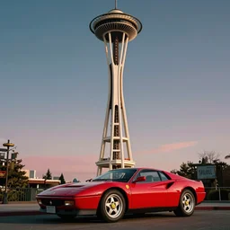 a beautiful and balanced vaporwave scene depicting a vintage ferrari near the space needle