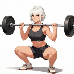 young attractive woman, anime rossdraws illustration, wearing shorts and sports bra, with barbell with heavy weights on each end, in a squat position with the barbell across back, serious face, white hair, attractive symmetical facial features, artstation, ross draws