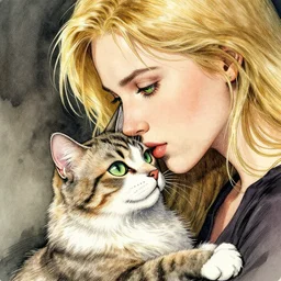 blonde woman with green eyes kisses her cat with green eyes on her nose, watercolor, dramatic lighting, cinematic, establishing shot, extremly high detail, foto realistic, cinematic lighting, pen and ink, intricate line drawings, by Yoshitaka Amano, Ruan Jia, Kentaro Miura, Artgerm, post processed, concept art, artstation, matte painting, style by eddie mendoza, raphael lacoste, alex ross