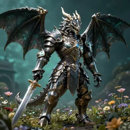 high quality 3 d neo - gothic armored dragon holding sword in a field of flowers, highly detailed unreal engine, vitaly bulgarov dramatic dark teal light, ground angle uhd 8 k, sharp focus