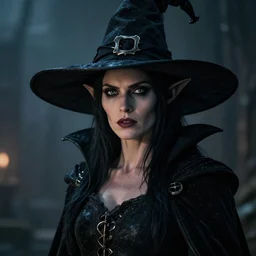 a female dark elf, serious face, wearing a witch hat, van helsing style, medieval, style by donato giancola, wayne reynolds, jeff easley dramatic light, high detail, cinematic lighting, artstation, dungeons and dragons