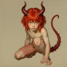 a red haired boy with golden eyes and demon horns and a spiked tail. By JC Leyendecker