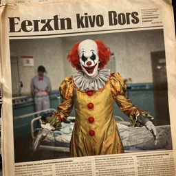 an old newspaper photo of a scary clown kicked out from an hospital,