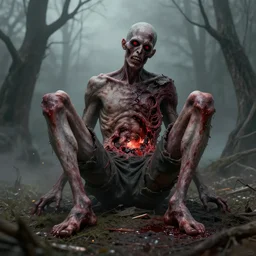 A realistic detailed photo of a creepy man, destroyed legs, extra detailed body, crooked legs, blood, exploded belly, red eyes, destroyed body, dead skin, dead trees, detailed body, teeth filled with cavities, foggy landscape, creepy, light particles, detailed light, realistic shaders, trending on artisation, detailed textures, detailed, realistic.