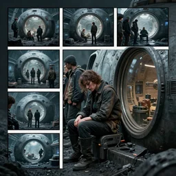 tired sadie sink as a miner waits in a queue to a scifi cube room. set outside a coal mine. storyboard, scifi cyberpunk. by gabriel hardman, joe alves, chris bonura. cinematic atmosphere, detailed and intricate, perfect anatomy