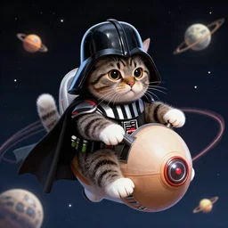 darth vader riding tabby space cat feline in space orbit