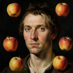 a close - up sci - fi portrait of a man with airborne fruit. studio lighting. black background. highly detailed science - fiction painting by norman rockwell, moebius, frank frazetta, syd mead, and giuseppe arcimboldo. rich colors, high contrast. renaissance masterpiece. artstation