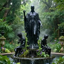a statue of nyarlathotep and cthulhu atop a fountain in a lush dense verdant garden by caspar david friedrich and william etty and ferdinand knab and gil elvgren, statue made of black obsidian, lovecraft, mist, hyperrealism, volumetric lighting, god rays, ultrafine details, sfumato, purple flowers, overgrown