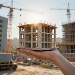 construction site with a human hand holding building, octane, global illumination, backlight
