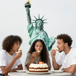 the group lonley island eating cake on the statue of liberty