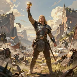 A conquering hero standing triumphant over a battlefield, fantasy artwork, very very beautiful scenery, trending on artstation