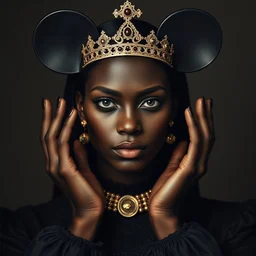 black queen in the shape of mickey mouse, face symmetry, beautiful hands, symmetry, photo shooting gucci, by tom bagshaw