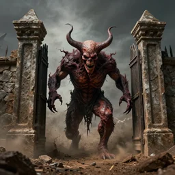 a monster emerging from the gates of hell through the earth