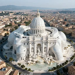 utopian city made out of glistening, white marble, fusion between historical and modern futuristic architecture, rome, 4k aerial photo