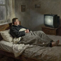 dark oil realistic painting a middle age soviet man in a communist apartment waking up from bed toward a television