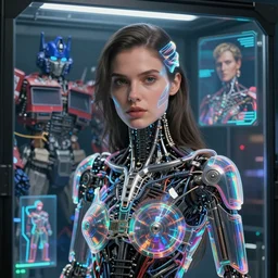 beauty woman wrapped in holograms, Terminator artifacts, electrical case display, Transformers Movie style tech, ultrarealistic, dramatic lighting, electrical details, high details, 4k, 8k, best, accurate, trending on artstation, artstation, photorealism, ultrarealistic, digital painting, style of Peter Mohrbacher, Caravaggio, Hajime Sorayama, Caravaggio, Boris Vallejo