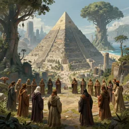 a group of ancient sacred religious cult in robes studying in a bustling sci fi city with a large pyramid in its center built in a temperate forest with giant trees near a beach, highly detailed, intricate, digital painting, trending on artstation, concept art, matte painting, art by greg rutkwowski, craig mullins, octane render, 8 k, unreal engine