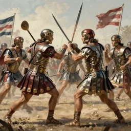 American soldiers fighting Roman gladiators during ancient Rome, hyperdetailed, artstation, cgsociety, by greg rutkowski, by Gustave Dore