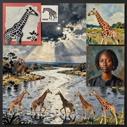 Giraffes crossing a river, collage, found objects, cut colored paper, stencils, ink, oil painting, by Damien Hirst, Chris Ofili, Tracey Emin