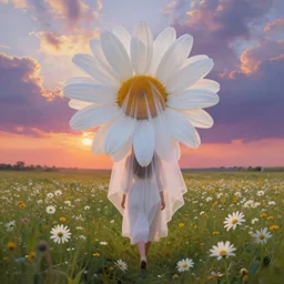 giant white daisy flower veil face, girl walking in a flower field, surreal photography, sunrise, dramatic light, impressionist painting, colorful clouds, digital painting, artstation, simon stalenhag