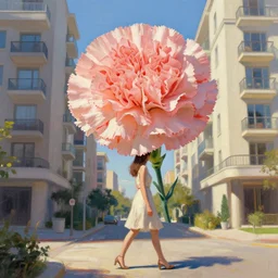 giant carnation flower under head, woman walking between luxury apartments, surreal photography, sunlight, impressionist painting, digital painting, artstation, simon stalenhag