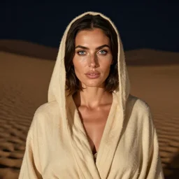 photograph of a woman with light - brown skin, blue eyes, short dark hair, and freckles wearing a sandy desert robe standing in a desert at night, photography, portrait, natural lighting, sunlight