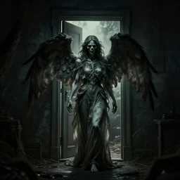 paranormal of the angel of death standing at the door, low key lighting, creepy atmosphere