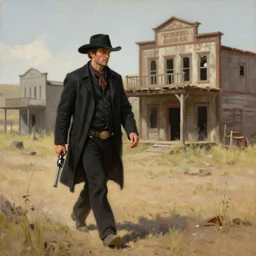 the man in black and a revolver in hand walking around an abandoned western town, oil painting