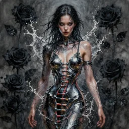 fierce wet fashion model, splash, melted liquid metal dna, effervescent, black roses, poster art, high detail, intricate oil painting and watercolor, deep mood, hyperrealism, 3 d, in the style of irakli nadar,