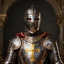 portait of a man in decorated crusader baroque style armor and crusader helmet and big golden cross on his chest plate