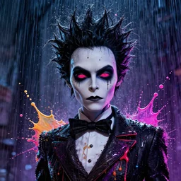 splashes of neon, punk portrait made out of paint with rain in the background, trending on artstation, epic composition, emotional, beautiful, rendered in octane, highly detailed, realistic, tim burton comic book art, sharp focus, matte painting