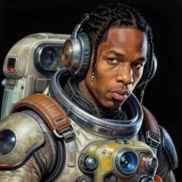 a beautiful ukiyo painting of travis scott as a dieselpunk battle space pilot, wearing space techwear, detailed close up portrait, intricate complexity, concept art, by takato yamamoto, wlop, krenz cushart. cinematic dramatic atmosphere, sharp focus