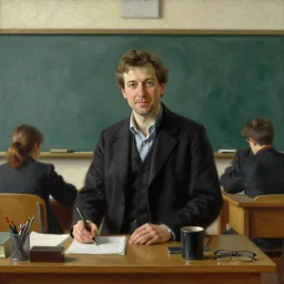 attractive professor, university classroom painting by gaston bussiere, craig mullins, j. c. leyendecker, tom of finland