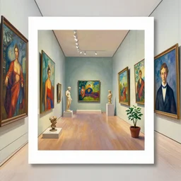 an achingly beautiful print of the interior of a modern art museum with vibrant paintings lining the walls, classical antiquities on display, and one small potted plant by Raphael, Hopper, and Rene Magritte. detailed, romantic, enchanting, trending on artstation.