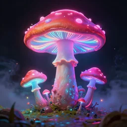A realistic detailled matte painting of a neon mushroom, neon particules, neon lights, neon mushrooms, alien ground, neon fog, light particules, by Edouard manet, Rembranlt, detailled light, realistic shaders, trending on artisation, detailed textures, detailed, realistic.