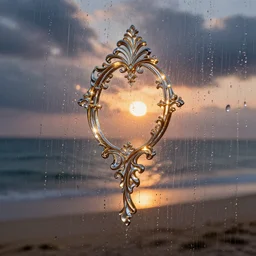 looking at the beach at sunset through dripping wet glass, rain, fog, clouds, sparkles, shine glimmer, reflections, led light, highly detailed and intricate, hdr, metallic colors, intricate, elite, ornate, elegant, luxury, sharp focus, photography, unreal engine, trending on artstation, photorealistic, octane, trending on deviantart