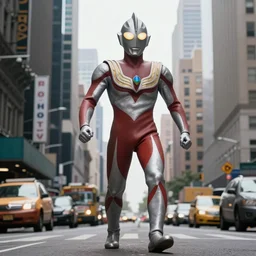 giant ultraman walking on new york street!, cinematic,