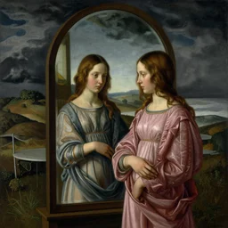twins, sisters, in the void, by the mirror, station, alex colville, otto mueller, stephen conroy, sandro botticelli, andrew newell wyeth, daniel maidman yussi picho octane rendering