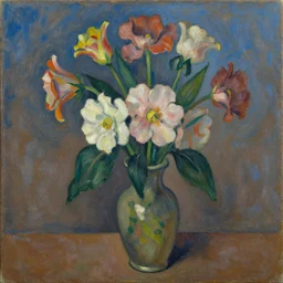 expressive, medium shot, vase with flowers, blue and brown background, oil painting, impasto, muted colors, tropical, artwork by lucian freud, arnold bocklin, ossip zadnike