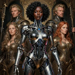vibrant portrait of beautiful black onyx and steel cyborg woman by sandra chevrier, laurie greasley, gustave dore, ron english, cybernetics, low contrast, cinematic dramatic lighting, hyper realistic detailed intricate render, hypermaximalist, ornate, epic composition, 4 k 8 k, cryengine octane, sharp focus, concept art, masterpiece