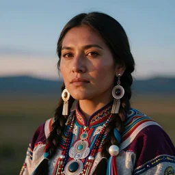 a beautiful portrait of a native american woman with ornate clothing and beautiful fully rendered pretty face, dusk, cinematic, high resolution