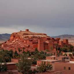 scenic view of a Kasbah town atop a flat topped red hill, in the Nevada desert, overcast dusk, fewer buildings around the hill, matte painting in the style of marc simonetti and james gurney, trending on artstation, digital art, photoshop